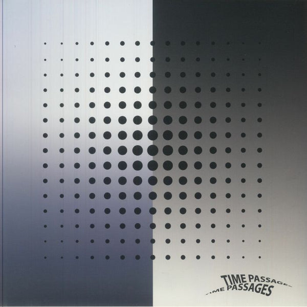 Abstract art with gradient background and symmetrical black dots forming a square pattern with Time Passages text