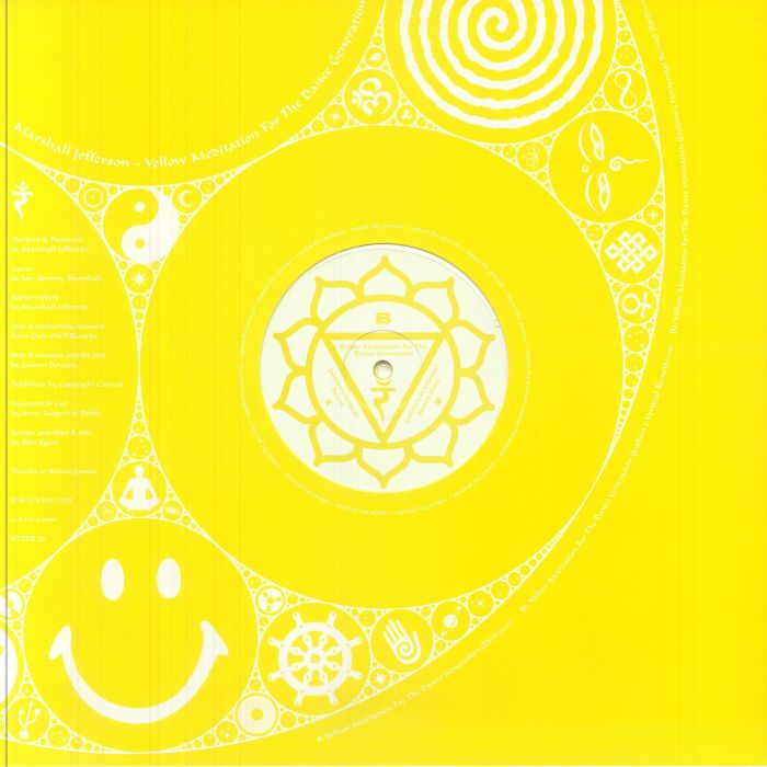Yellow abstract design with spiritual symbols, smiley face, and concentric circles on bright background